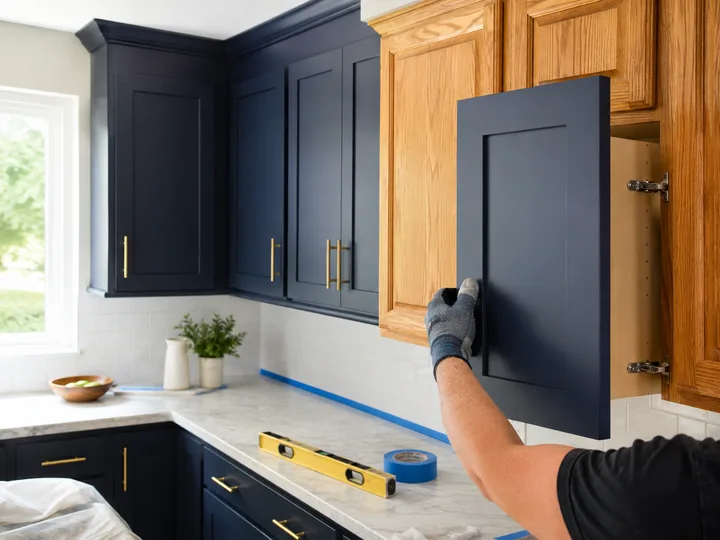 New navy shaker cabinet door being fitted over existing cabinet boxes