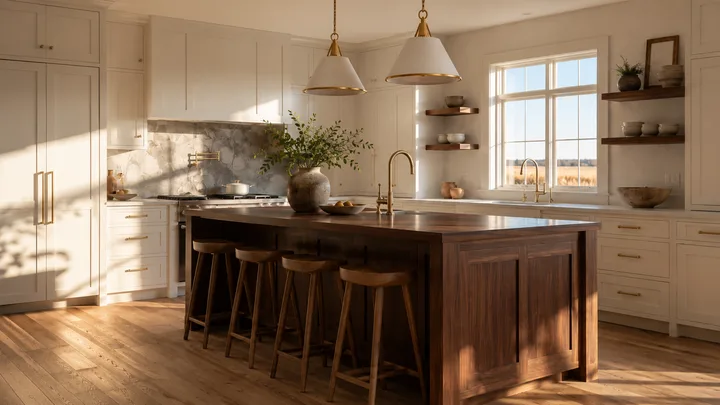 Large walnut island casework with a stone countertop