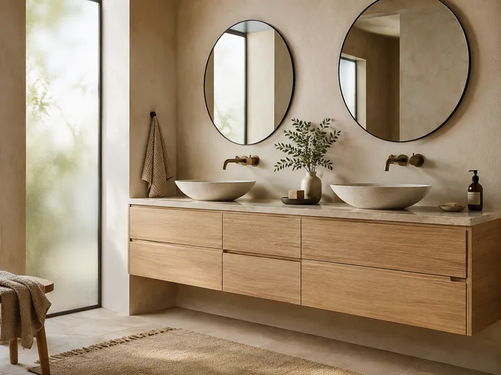 Floating double vanity in rift-sawn white oak with stone top