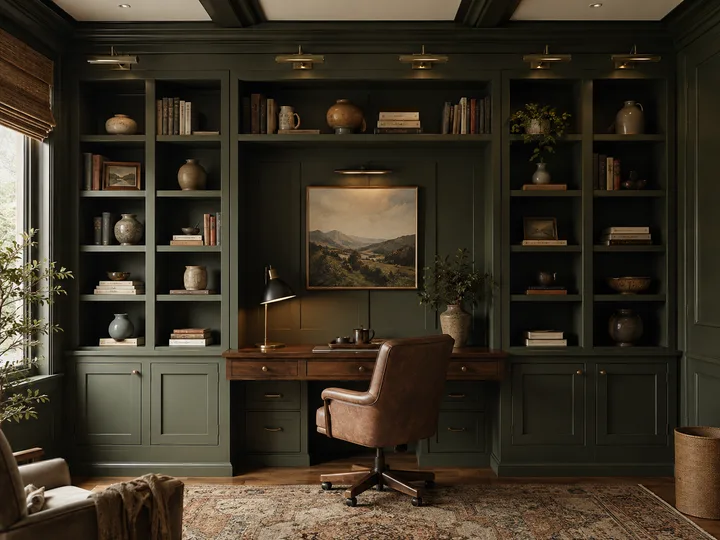 Floor-to-ceiling painted built-in bookshelves with a walnut desk