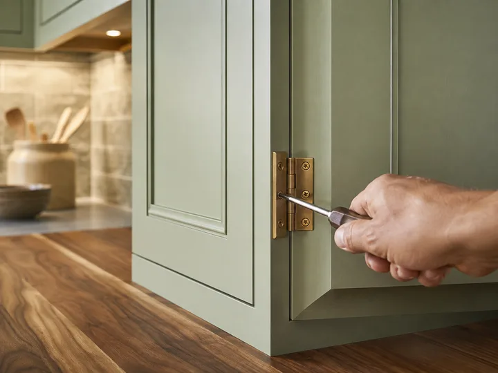 Sage green inset cabinet door with a brass hinge being adjusted