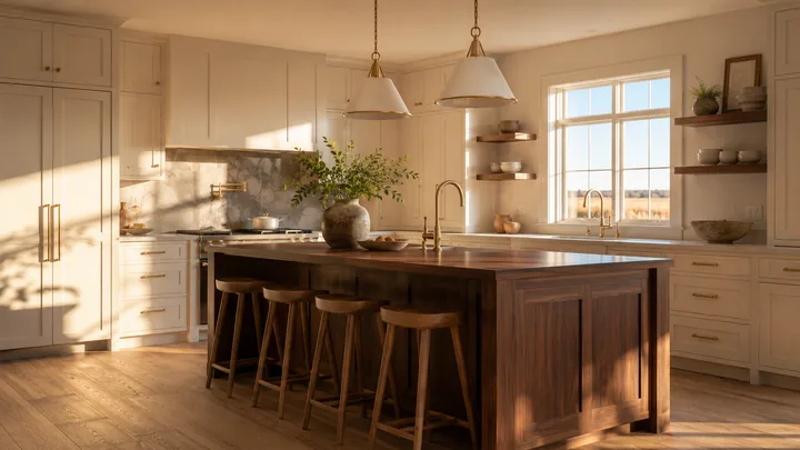 Custom kitchen with cream painted perimeter cabinets and a walnut island under prairie window light