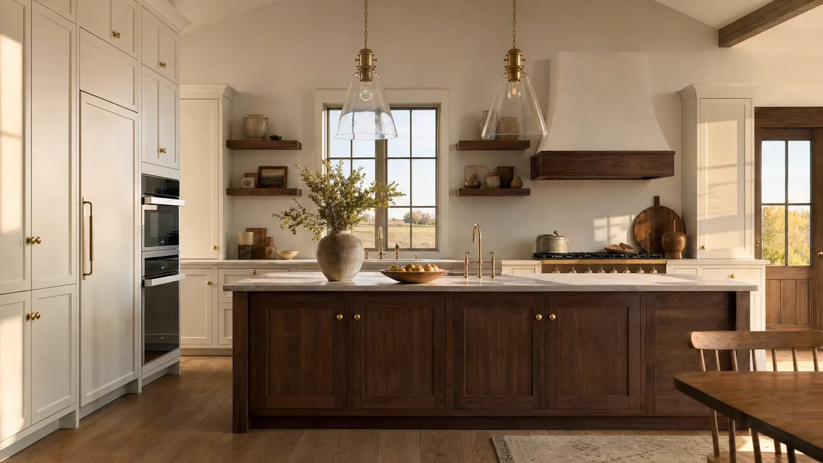 Custom kitchen with cream painted perimeter cabinets and a walnut island