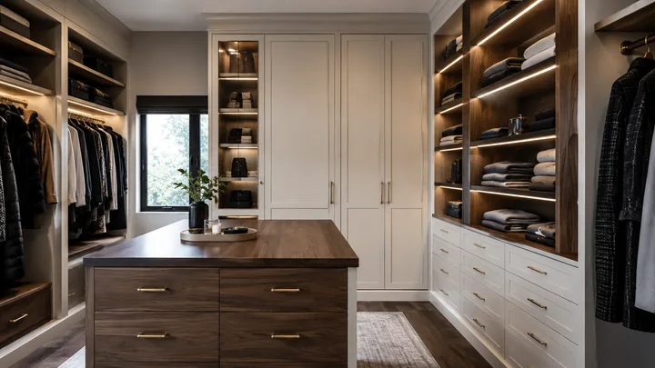 Walk-in closet system with walnut shelving and cream drawer banks